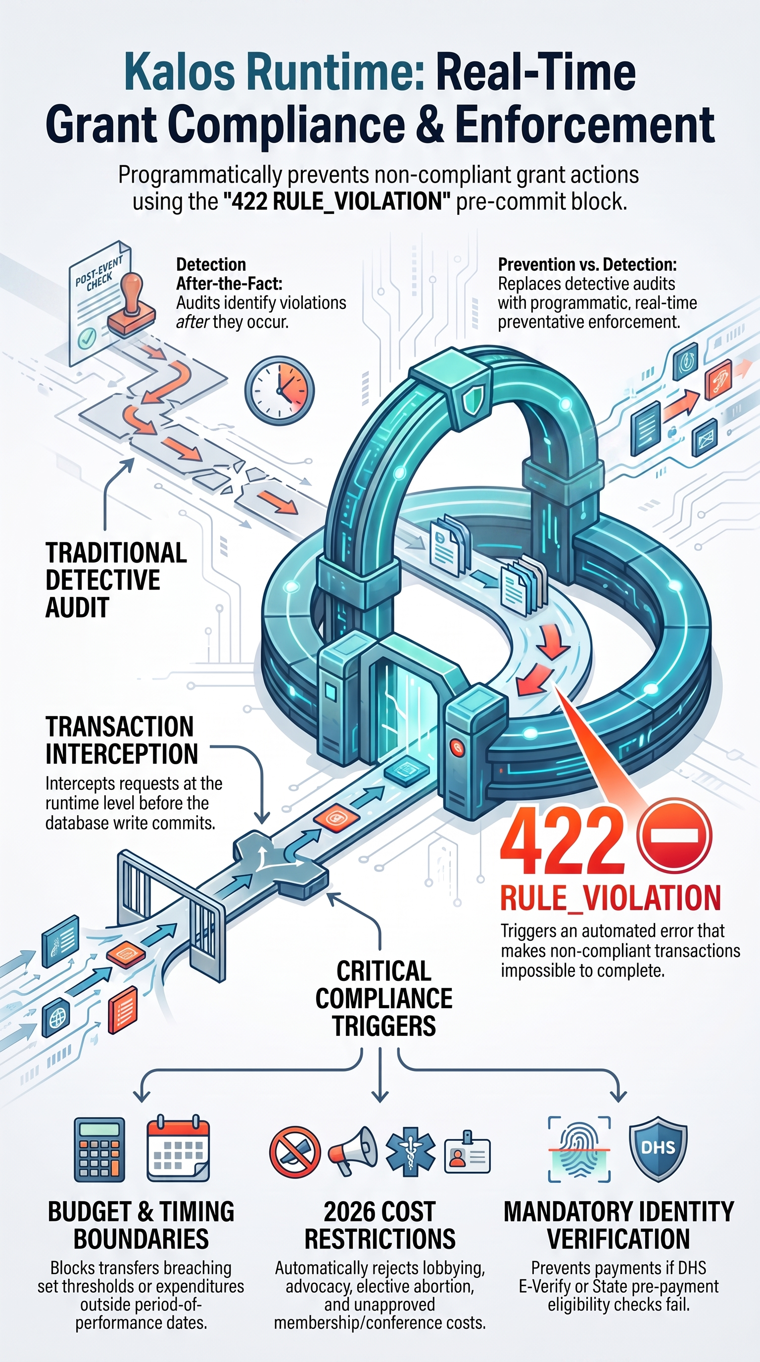 Diagram of the Kalos runtime performing real-time grant compliance and enforcement: it intercepts transaction requests at the runtime level before the database write commits, replacing after-the-fact detective audits with programmatic preventative enforcement. Non-compliant transactions trigger a 422 RULE_VIOLATION. Critical compliance triggers shown are budget and timing boundaries, 2026 cost restrictions, and mandatory identity verification.